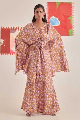 Khajoor Studio Floral Print Asymmetric Draped Kaftan With Pant 