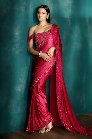 Sawan Gandhi Crystal Embellished Hot Pink Saree Set 