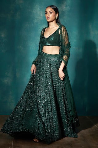 Sawan Gandhi Crystal Embroidered Green Lehenga Set 