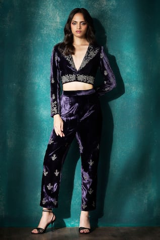 Sawan Gandhi Purple Velvet Cutdana Jacket & Pant Set 