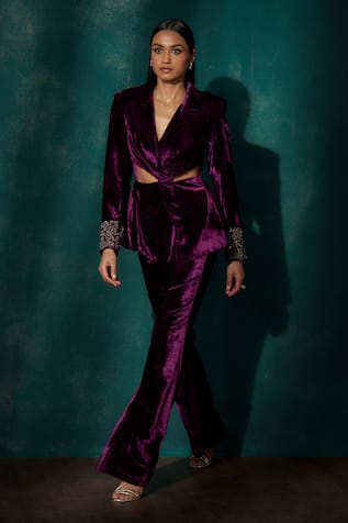 Sawan Gandhi Mulberry Velvet Cut-Out Twist Jacket & Pant Set 