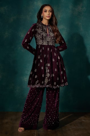 Sawan Gandhi Wine Velvet Floral Embroidered Kurta Set 