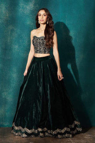 Sawan Gandhi Bottle Green Velvet Embroidered Lehenga & Corset 