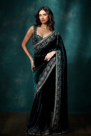 Sawan Gandhi Teal Green Velvet Floral Embroidered Saree 