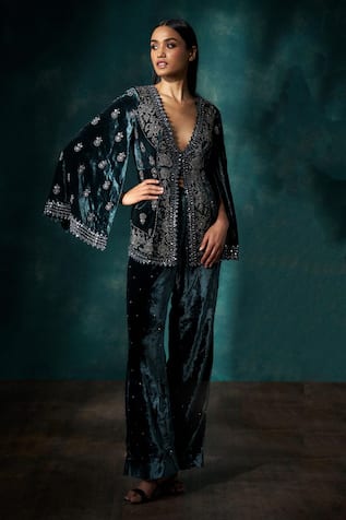 Sawan Gandhi Teal Green Velvet Cut Dana Embroidered Set 