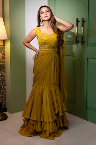 Dajwaree Marigold Embroidered Ruffled Pre-Draped Saree Set 