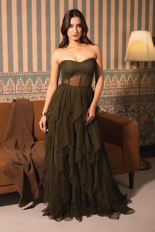 Dajwaree Olive Ruffled Corset Gown 