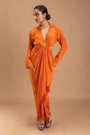 Lavina Sippy Orange Draped Side Cut-Out Dress 