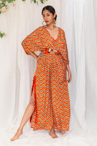 Lavina Sippy Orange Chevron Pattern Designer Kaftan 