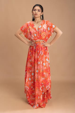 Lavina Sippy Coral Abstract Floral Embroidered Kaftan 