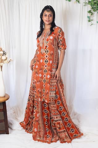 Lavina Sippy Orange Mirror Embroidered Kurta & Lehenga Set 