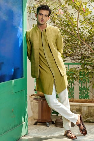 Fray Embroidered Green Bundi Kurta Set 