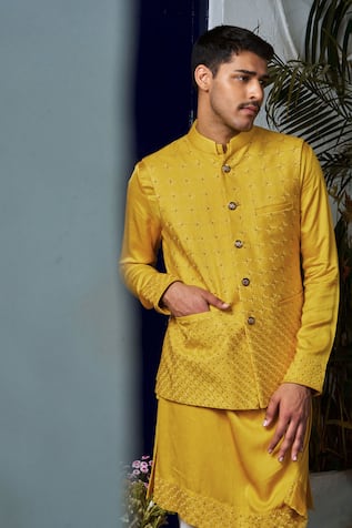 Philocaly Lattice Embroidered Yellow Bundi 