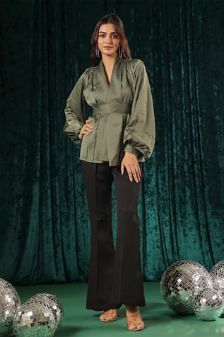 B'Infinite Olive Surplice Front Top With Trouser 