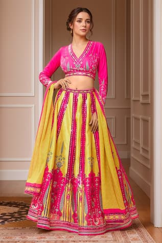 Samyukta Singhania Blossom Art Print Embroidered Lehenga Set 