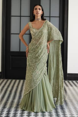 Charu and Vasundhara Frida Sequin & Bead Embroidered Pre-Draped Saree With Blouse 