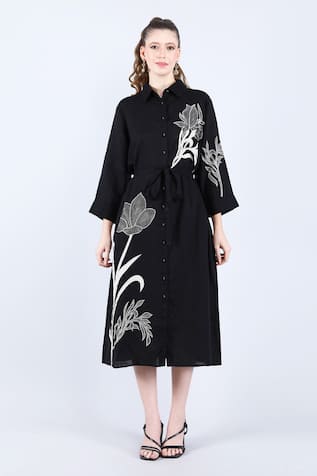 Black Embroidered Linen Shirt Dress 