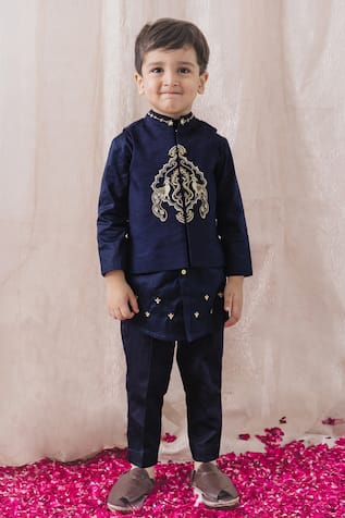 Tiber Taber Peacock Embroidered Bundi Pant Set 