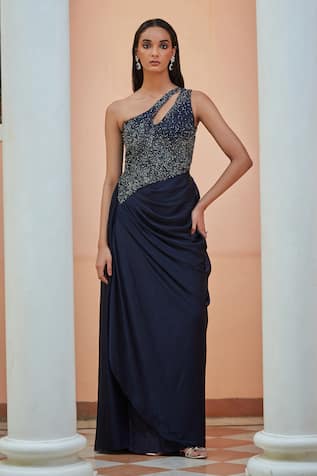 Bohame Black One Shoulder Embroidered Gown 