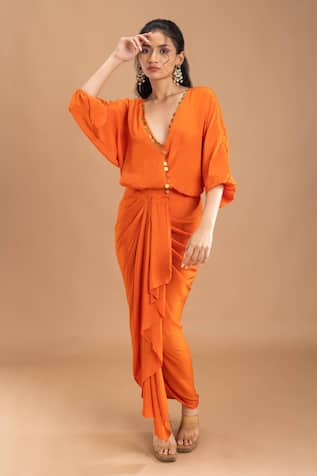 Lavina Sippy Orange Placement Embellished Draped Dress 