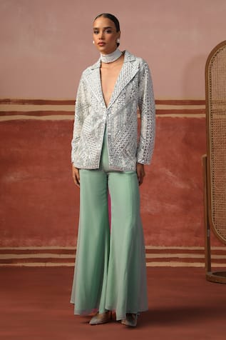 Sabe Geometric Embroidered Blazer & Flared Pant Set 