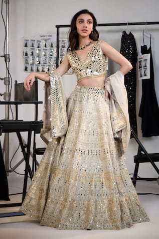 Twenty Nine Gold Mirrorwork Embroidered Lehenga Set 