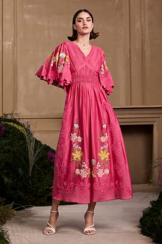 Chandrima Floral Embroidered Chanderi Midi Dress 