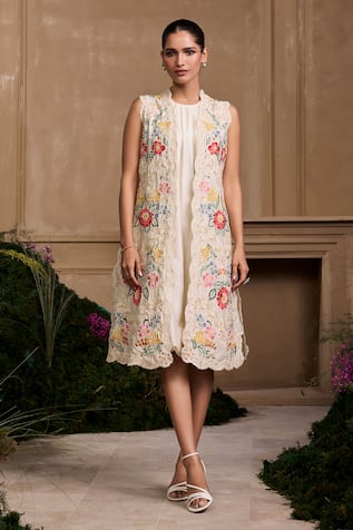 Chandrima Floral Cutwork Ivory Long Jacket 