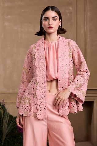 Chandrima Floral Cutwork Pink Flared Jacket 