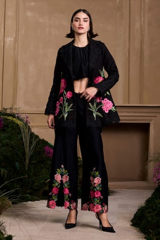 Chandrima Floral Cutwork Black Flared Jacket 
