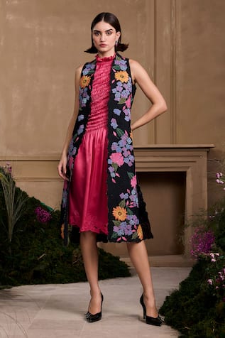 Chandrima Black Hydrangea Floral Applique Long Jacket 