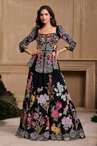 Chandrima Floral Applique Black Lehenga 