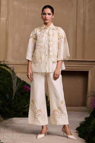 Chandrima Ivory Floral Applique Chanderi Pant 