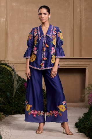 Chandrima Cobalt Blue Chanderi Floral Embroidered Pant 