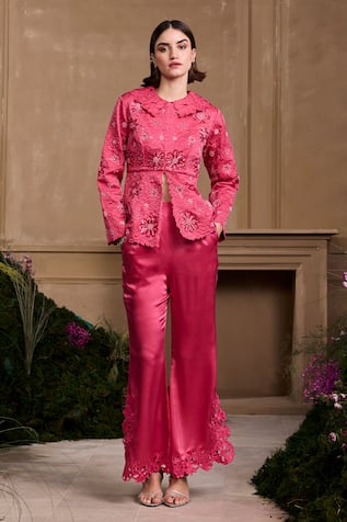 Chandrima Fuchsia Pink Silk Satin Embroidered Pant 