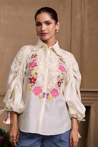 Chandrima Chanderi Floral Cutwork Embroidered Gathered Shirt 