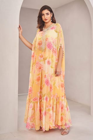 SAMMOHI BY MOKSHA AND HIRAL Yellow Floral Printed Kaftan Cape & Palazzo Set 