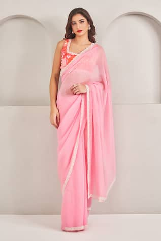 SAMMOHI BY MOKSHA AND HIRAL Pearl Embellished Pink Organza Saree Set 