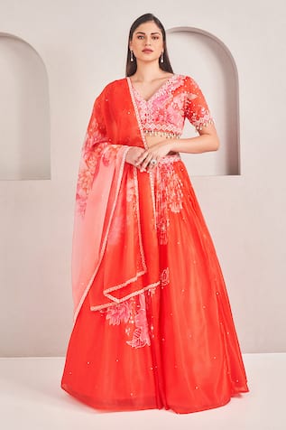 SAMMOHI BY MOKSHA AND HIRAL Coral Floral Print Lehenga Set 