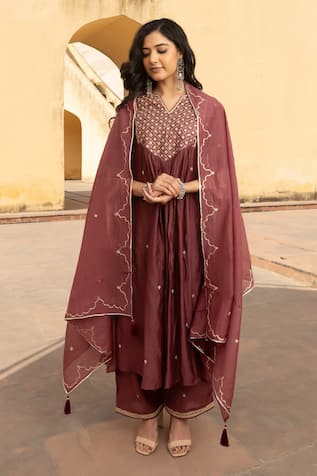 ASRUMO Wine Ditsy Blossom Embroidered Kurta Set 