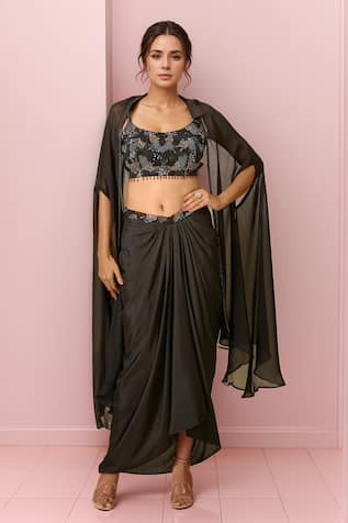 Samyukta Singhania Sheer Cape & Draped Skirt Set 