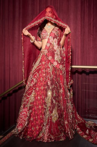 Mahima Mahajan Sindoori Red Embroidered Lehenga Set With Veil 