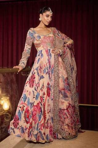 Mahima Mahajan Beige Floral Embroidered Anarkali Set 