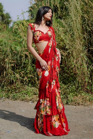 Foram Patel Floral Ruffle Pre-Draped Saree With Blouse 