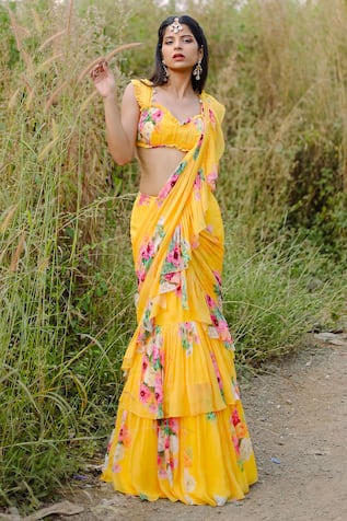 Foram Patel Floral Print Pre-Draped Saree Set 