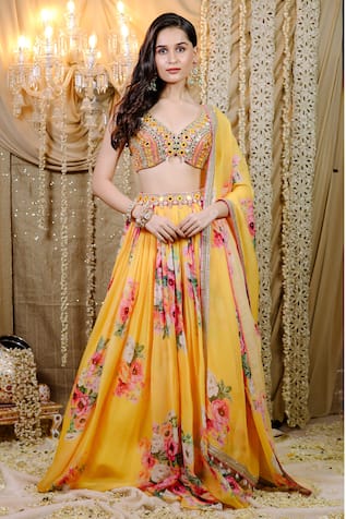 Foram Patel Floral Print Yellow Lehenga Set 