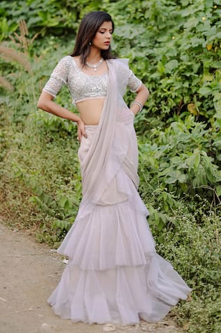 Foram Patel Grey Mermaid Cut Pre-Draped Saree Set 