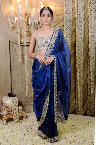 Foram Patel Fleur Mirror & Cowrie Shell Border Embellished Pre-Draped Saree With Blouse 