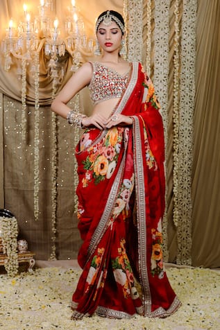 Foram Patel Blossom Print Pre-Draped Saree With Mirror Work Blouse 