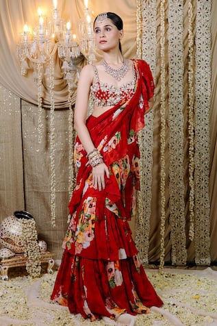 Foram Patel Floral Print Pre-Draped Ruffle Saree Set 